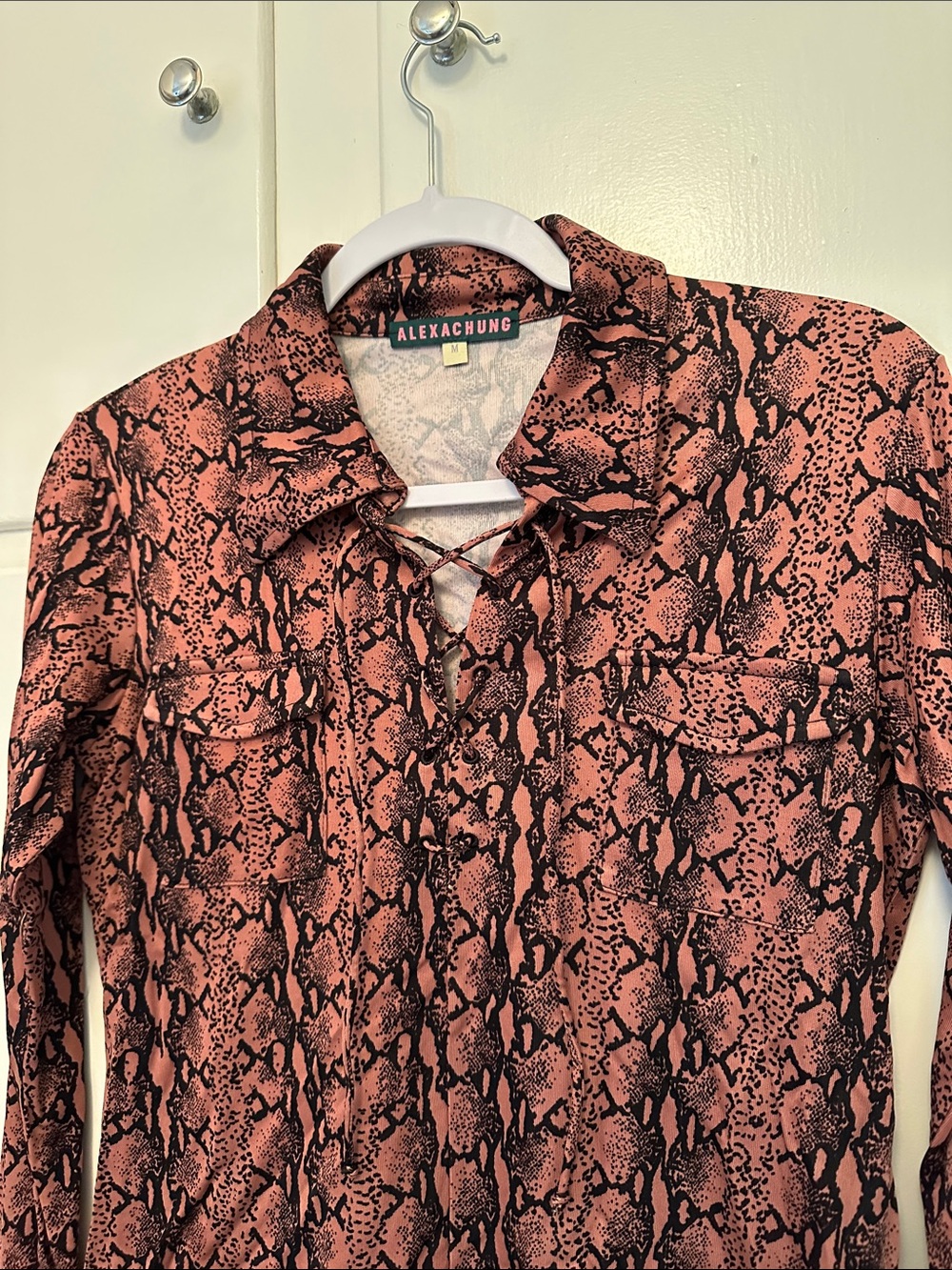 LIKE NEW Alexa Chung Pink Salmon and Black Snakeskin Blouse with Lace Up V-Neck - Picture 2 of 5